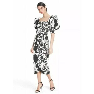 Christopher John Rogers Black White Floral Puff Sleeve Faux Wrap Dress